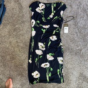 NWT Lauren by Ralph Lauren navy blue floral pattern dress size 8